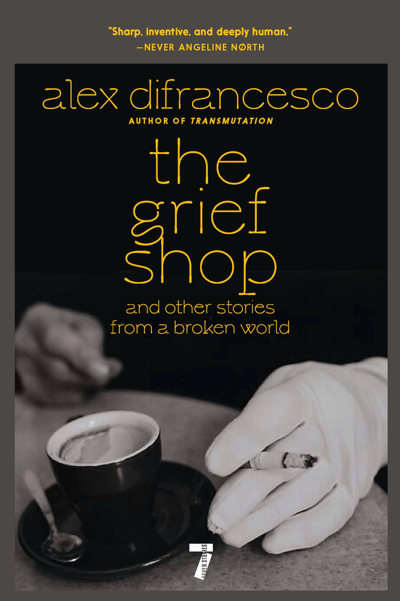 Cover; title in thin, yellow letters over all black. An espresso cup and two hands, one w/ a lit cigarette, the person hidden