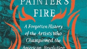 Book cover. Title in white, surrounded by illustrated orange flames, on a turquoise 18th-century engraving of ships at sea.