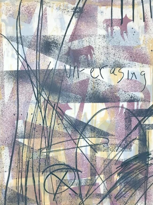 Abstract lithograph layers blue, purple & yellow with shapes like plains, plants, wind & wolves, and the word "un-erasing"