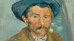 Impressionistic portrait of a calm, rugged man smoking a pipe, in a mustache, brown coat, and dark blue hat.