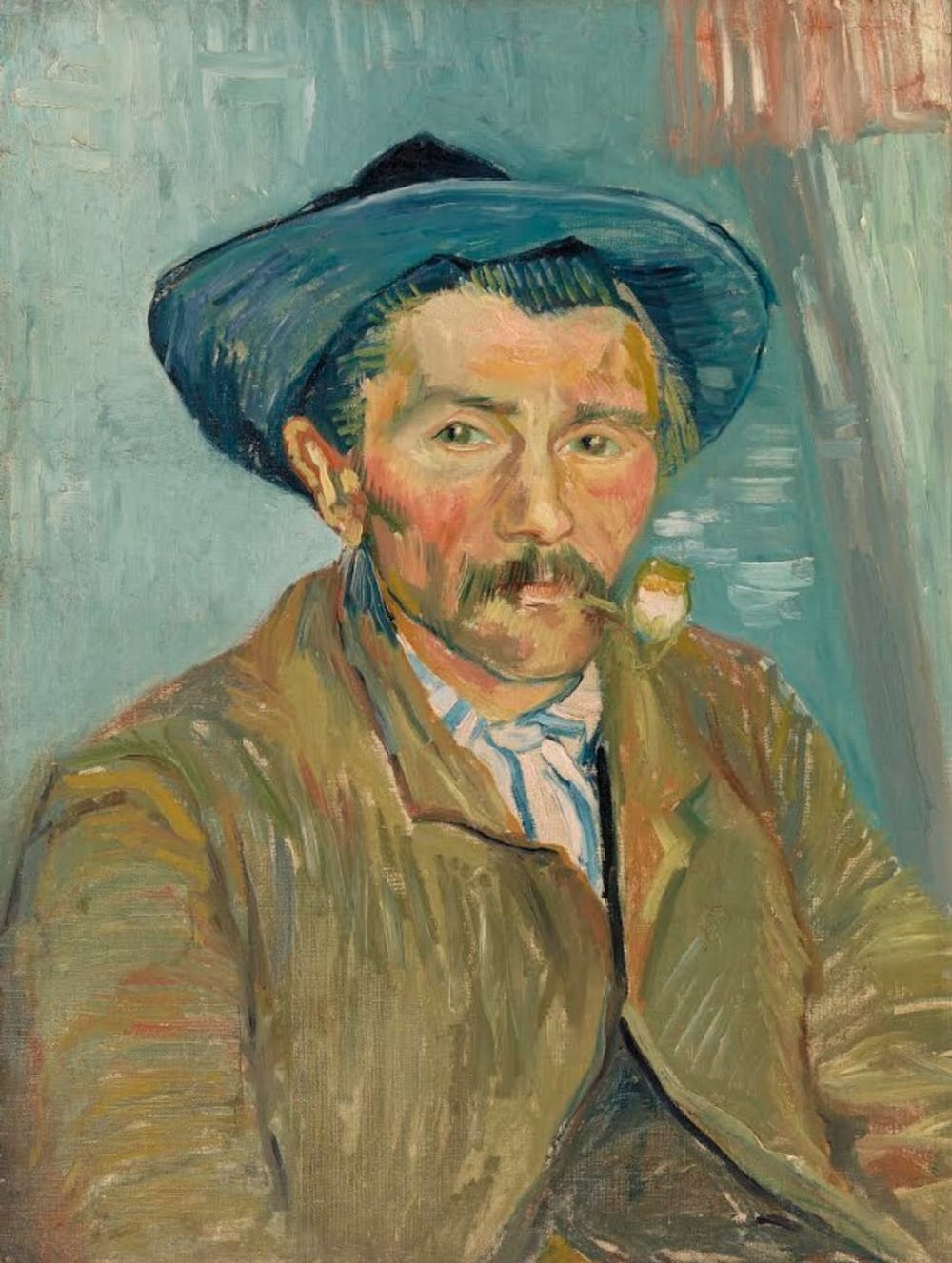 Impressionistic portrait of a calm, rugged man smoking a pipe, in a mustache, brown coat, and dark blue hat.