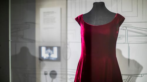 A simple, cap-sleeve, rich maroon velvet dress on a mannequin.