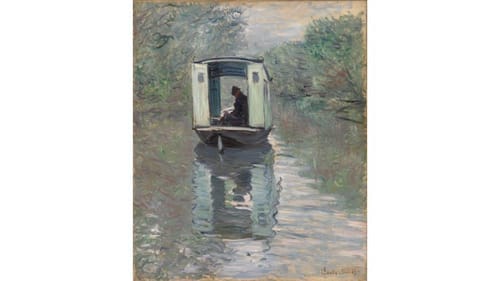 Textured, impressionistic view of a boat like a little open-air cabin with the artist inside, floating on a quiet river.