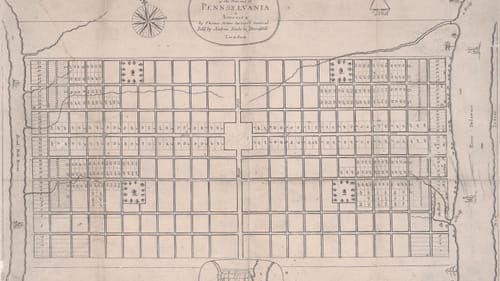 Believe it or not, someone planned Philadelphia: Thomas Holme’s 1683 ‘Prospect of Philadelphia.’ (Image courtesy of the Free Library of Philadelphia Map Collection.)