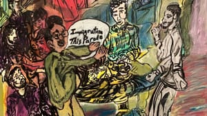 Impressionistic colored pen & ink drawing of people clustered in a living room, with various words & phrases written in black