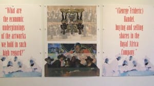 Close-up on a large triptych work combining red text & imagery reminding us of the composer Handel’s links to slavery