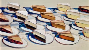 Pies, Pies, Pies. An oil painting of 16 pie slices on rows of small white plates. Dramatic blue shadows show bright light.