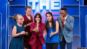 4 actors of different races and genders crowd around Lexi Thammavong at center, who holds an iPhone, looking worried.