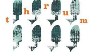 Four rows and four columns of a tree-like shape stenciled with various shades of black and gray, the title 'thrum' is in red