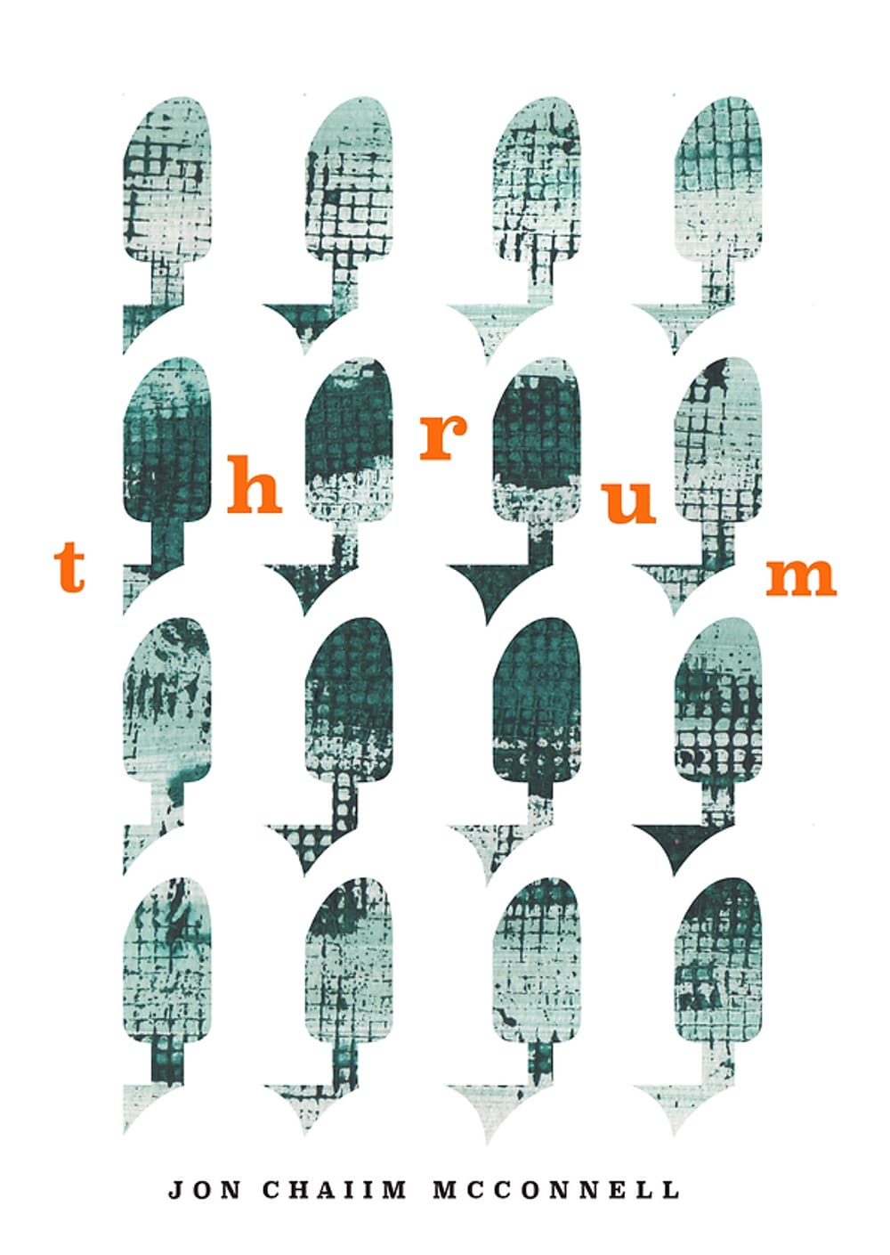 Four rows and four columns of a tree-like shape stenciled with various shades of black and gray, the title 'thrum' is in red