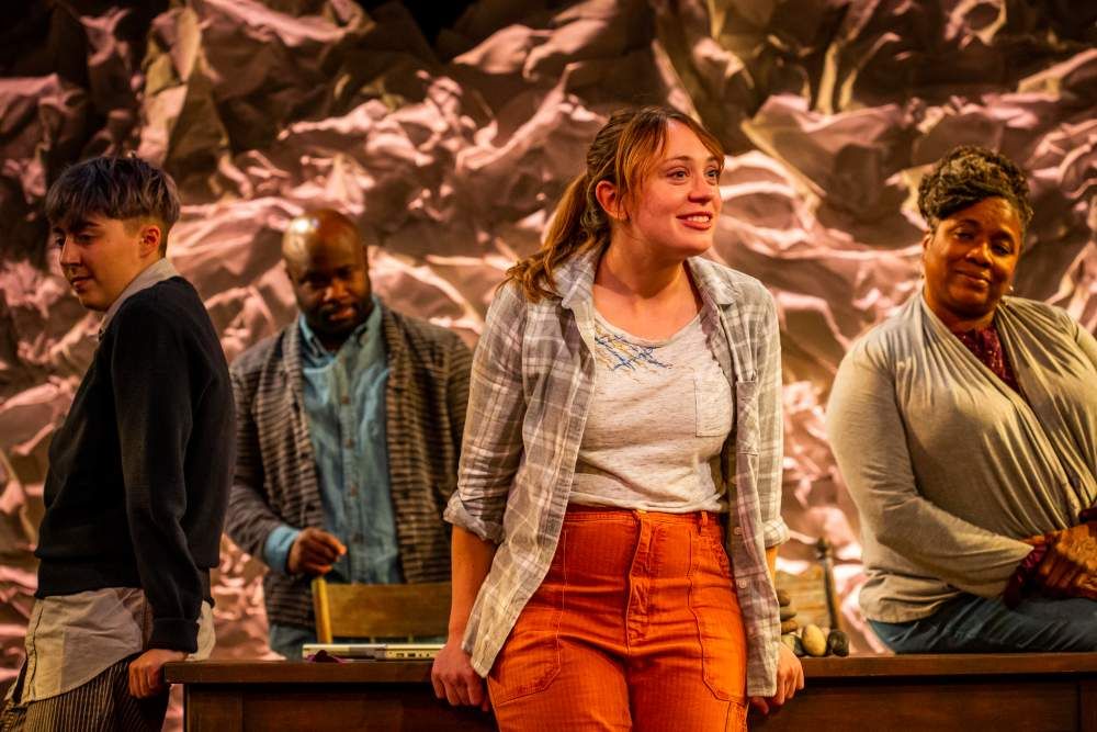 The engine of ‘Tiny Beautiful Things’: ensemble members Bailey Roper, Akeem Davis, Emilie Krause, and Joilet Harris. (Photo by Wide Eyed Studios.)