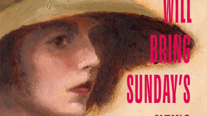 Book cover. Title in pink at right over an oil painting of a curious young white woman’s face under a wide-brimmed hat.