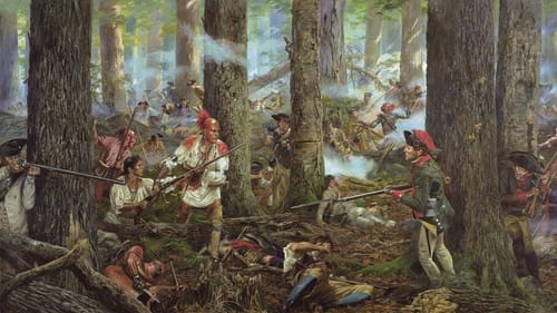 A large, complex forest battle scene, with white and Indigenous fighters between the tree trunks, among bodies and gunsmoke.