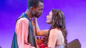 Brandon J. Pierce's Troilus and Mairin Lee's Cressida find love amid war.  (Photo by Lee A. Butz.)