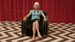 A person in a blue blouse, black skirt, red shoes sits in a chair in an empty room with red curtain, zig-zag lines the floor
