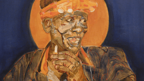 Impressionistic painting of joyful Black man looking to his left, holding a cigarette, with a halo-like orange circle behind