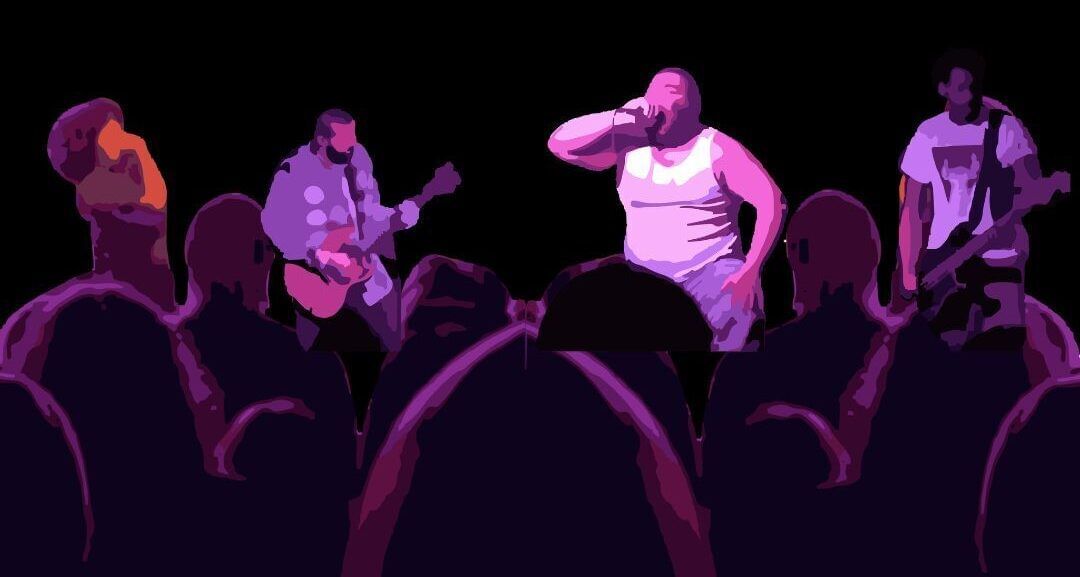 Stylized illustration of four Black punk rock music performers on a stage in front of an audience.