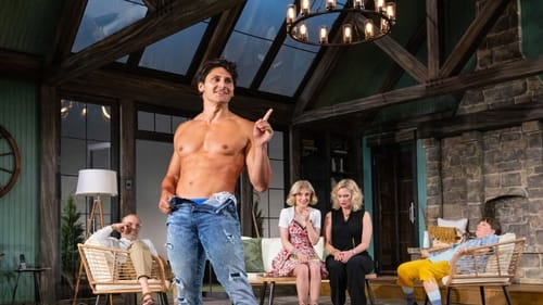 Gianetta, tanned and muscular, poses smiling and shirtless in ripped jeans; the others sit on furniture in the background.