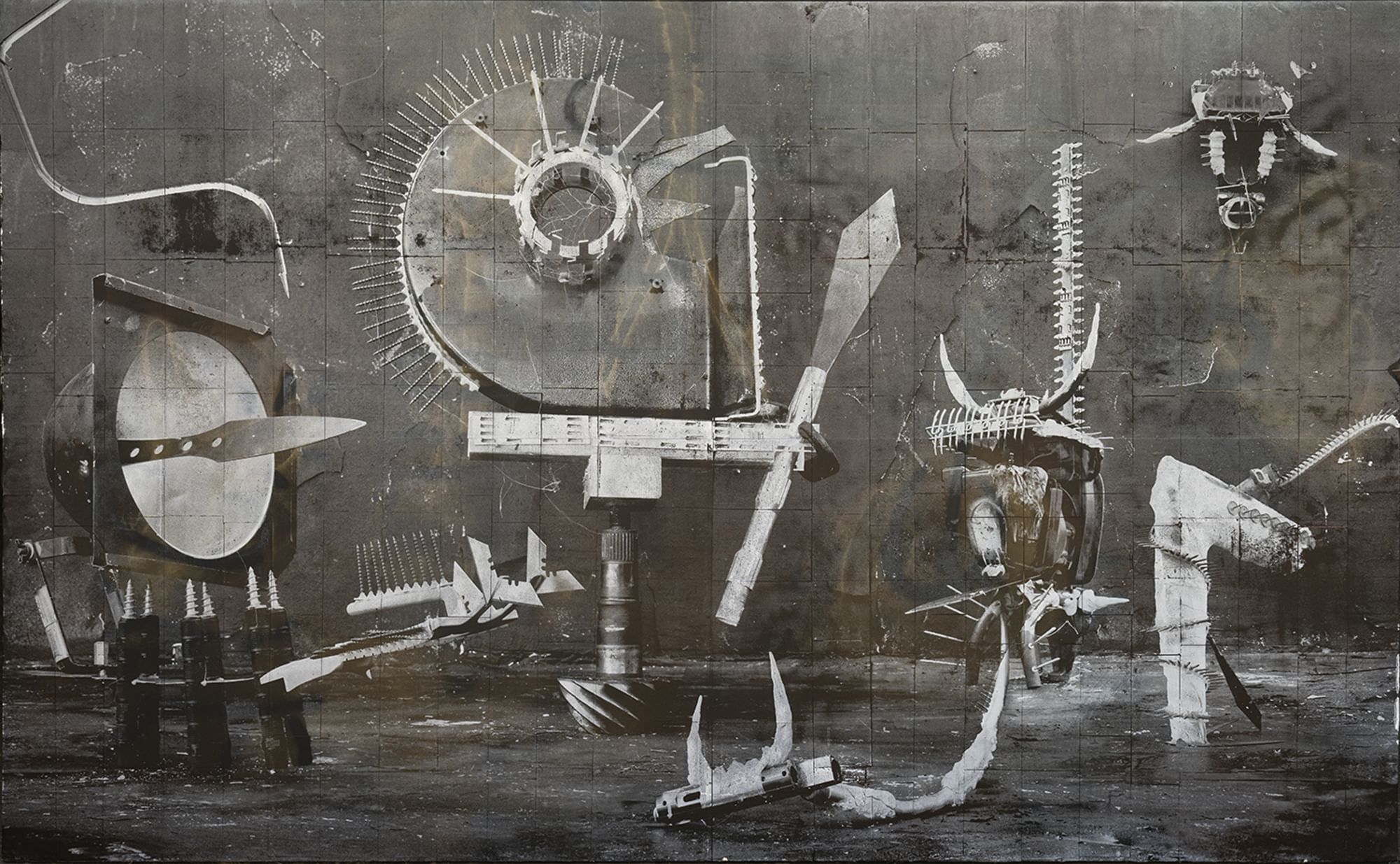 On a battered field of gray rectangles, weird white mechanical-looking structures of hard-to-identify parts stand and float.