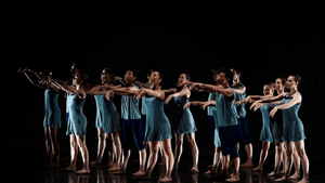 A dozen or so dancers all stand on dimly lit stage with their arms extended out the same way in unison