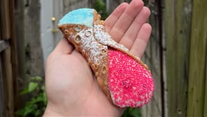 Close-up on a light-skinned hand holding a cannoli with blue sprinkles covering one end and pink sprinkles covering the other