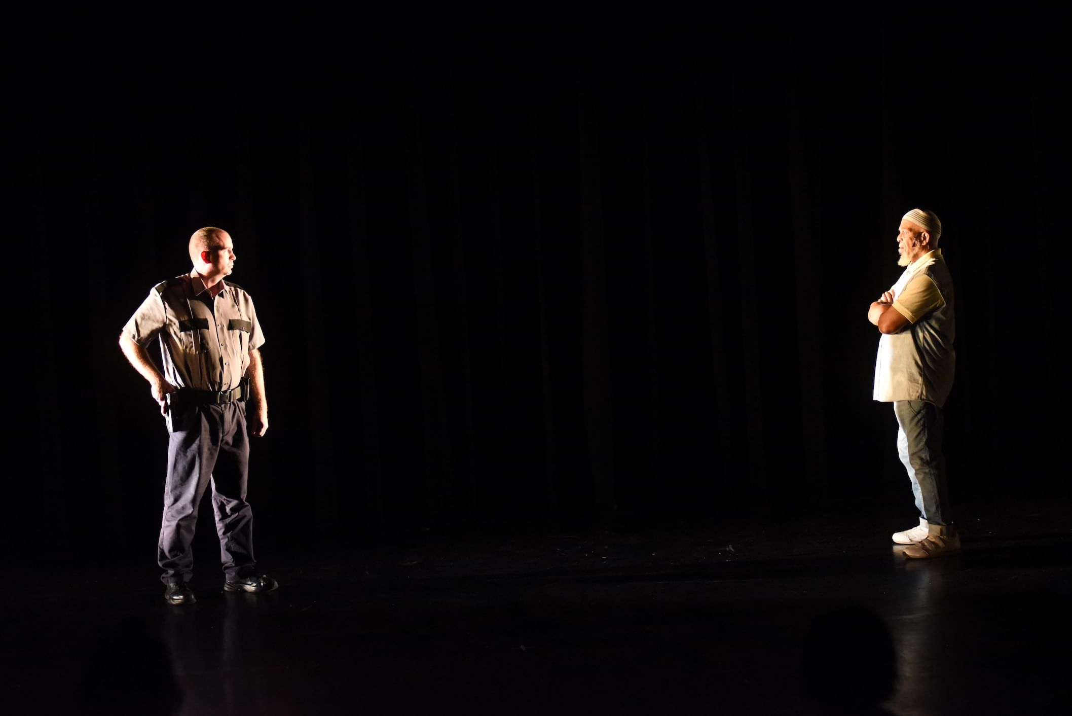 L to R: Sophie Heng, Antonio Bennett, William Kolowski, Michelle Long, and Hakim Ali developed the work from their own experiences of racism, combat, fear, and courage. (Photo by Mel Epps.)