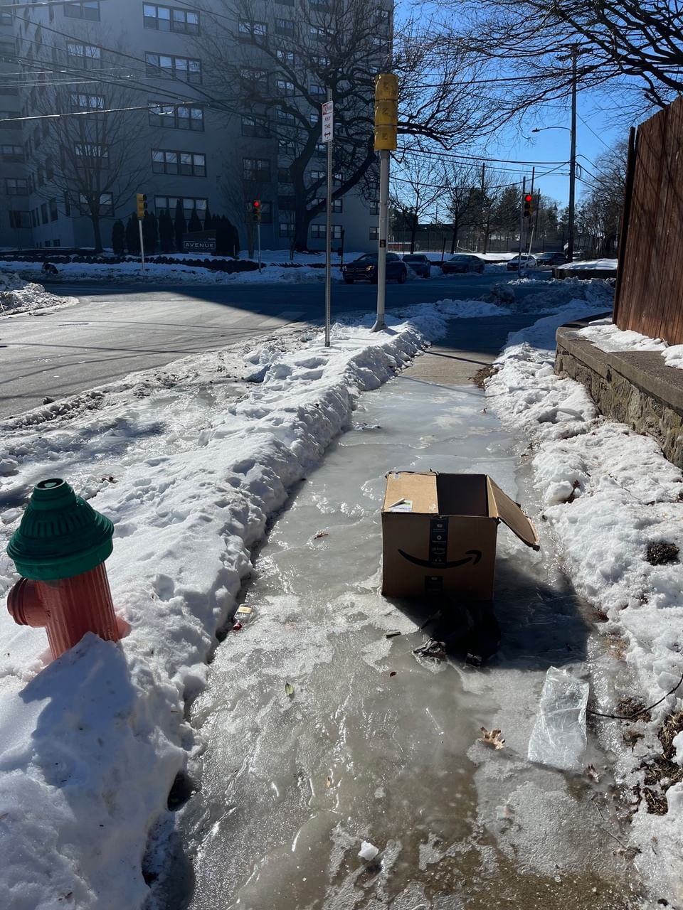 A city sidewalk covered with thick ice, snow on either side, with a fire hydrant on the left and an Amazon box at center.
