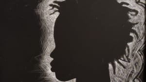 A black and white sketching of a silhouette with kinky hair, white stenciling creates a halo effect
