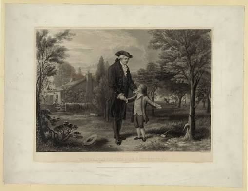 Black & white image of 1867 engraving showing a little boy gesturing to a damaged tree as his father stands by lovingly.