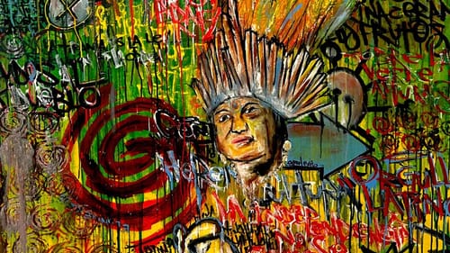 Graffiti with numbers and words and other figures: a parrot, a native American wearing a headdress, a sun, and more