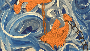 Illustration. Two fish are linked by a chain, another chain trails off one's tail. Blue, white watery strokes the backdrop
