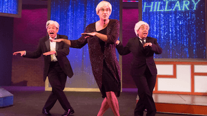 L to r: Justin Jain as Joe Biden, Sean Close as Elizabeth Warren, and Nia-Samara Benjamin as Tim Kaine.  (Photo by Mark Garvin)