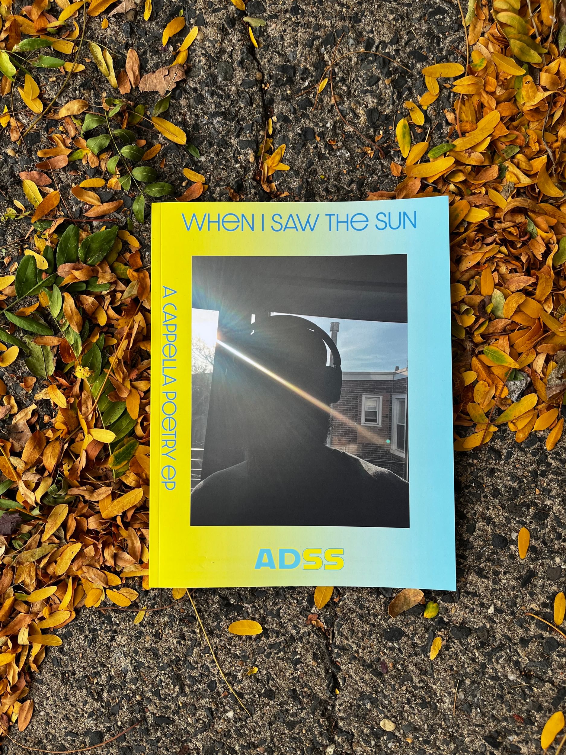 The blue & yellow album book, with a silhouette of Dickerson wearing headphones, on the cement beside bright autumn leaves