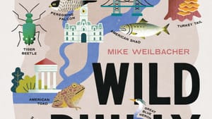 Book cover with illustrated wildlife including bugs, fish, raccoons—a river splits the middle of the book, some buildings