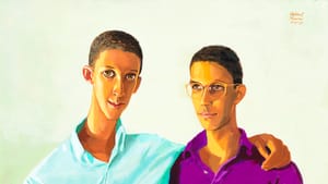 Bright-colored painting of two slim men with light brown skin in preppy clothes, arms around each other casually.