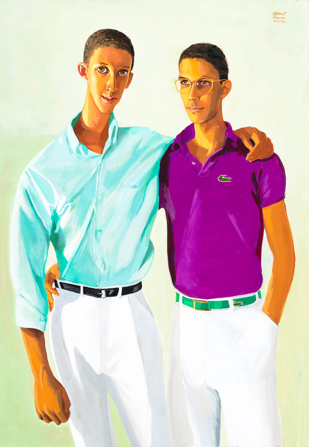 Bright-colored painting of two slim men with light brown skin in preppy clothes, arms around each other casually.