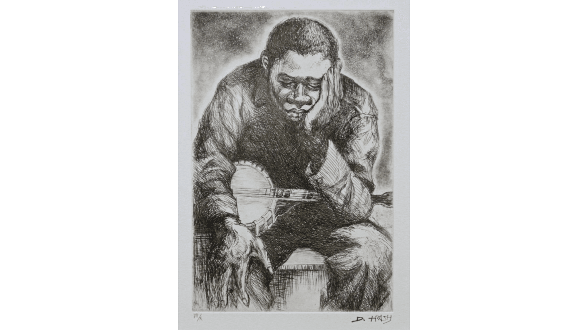 Drawing of a seated Black man with a banjo on his lap, leaning forward in exhaustion, head propped on one hand.