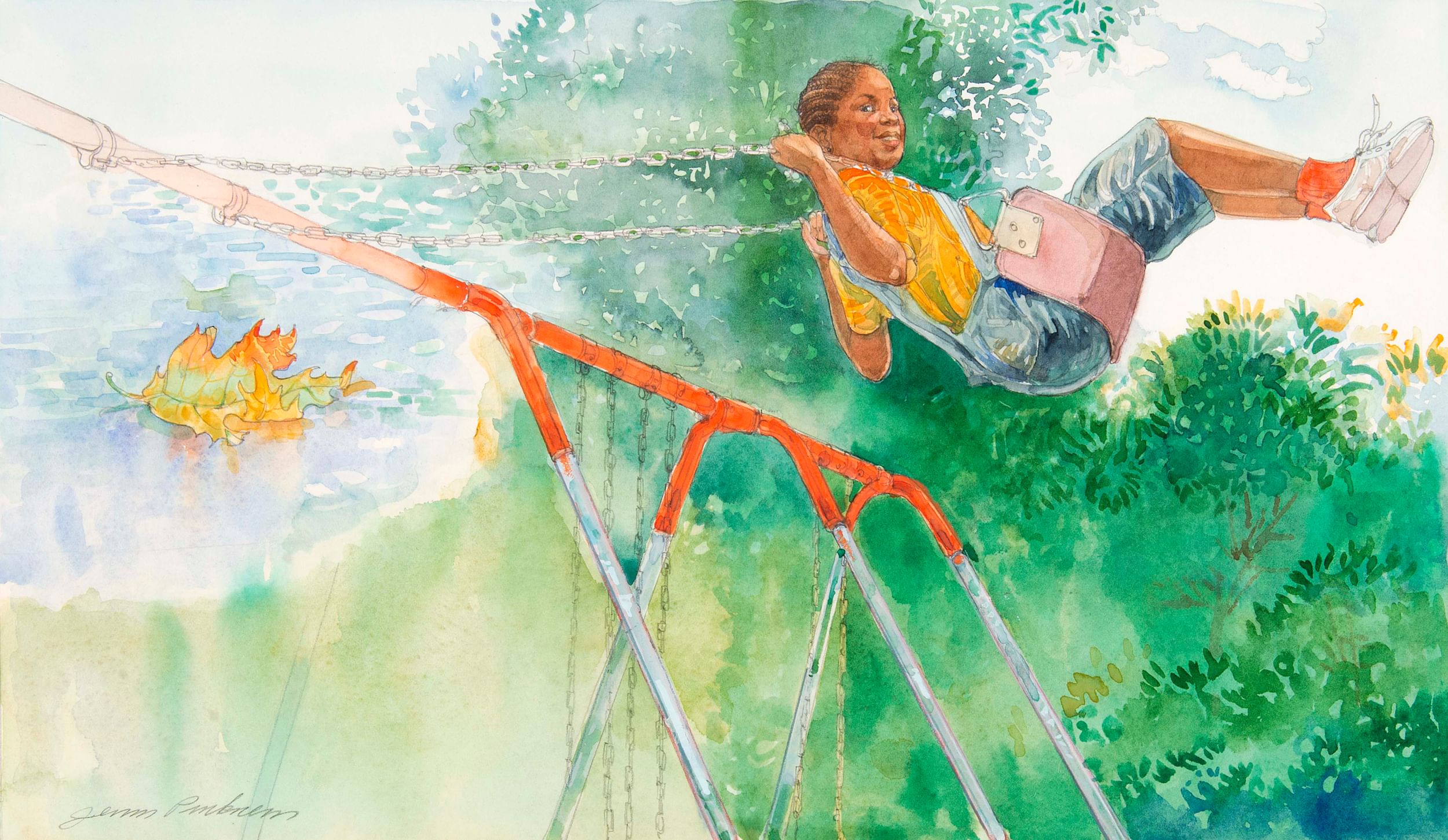A Black child in denim overalls and white sneakers swings high on a swing set, smiling impishly at the viewer.