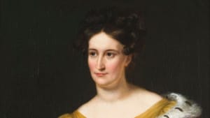 Painting of a white woman with coiffed brown hair & puff-sleeved golden dress with fur-lined burgundy satin wrap.