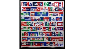 Large square artwork of a colorful collage of letters cut from campaign signs spelling out the First Amendment.