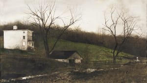 A stark rural scene with a square white house, bright cloudy sky, naked trees, and a thin brook reflecting the white sky.