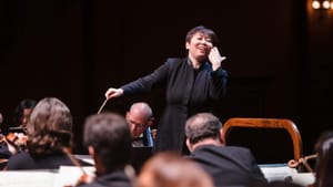 Xian Zhang conducted a program that was just right for our political moment. (Photo by Fred Stucker.)
