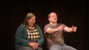 Omigod, we're going to die!: the author, left, with Adam Steiger, onstage at Philly Improv Theater. (Photo by Fred Brown)