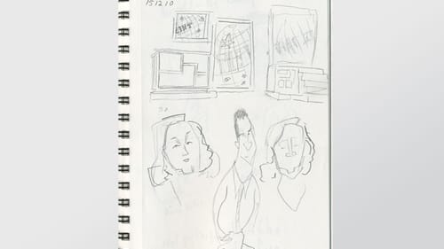 Warm-up sketches of the set and the performers as they enter.