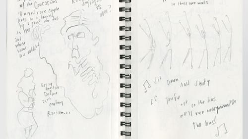 Warm-up sketches of the set and the performers as they enter.