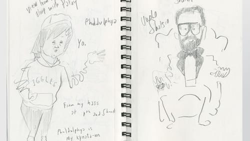 Warm-up sketches of the set and the performers as they enter.