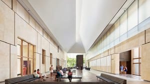 The central atrium at the Barnes Foundation. (Photo via architects Tod Williams Billie Tsien, twbta.com)