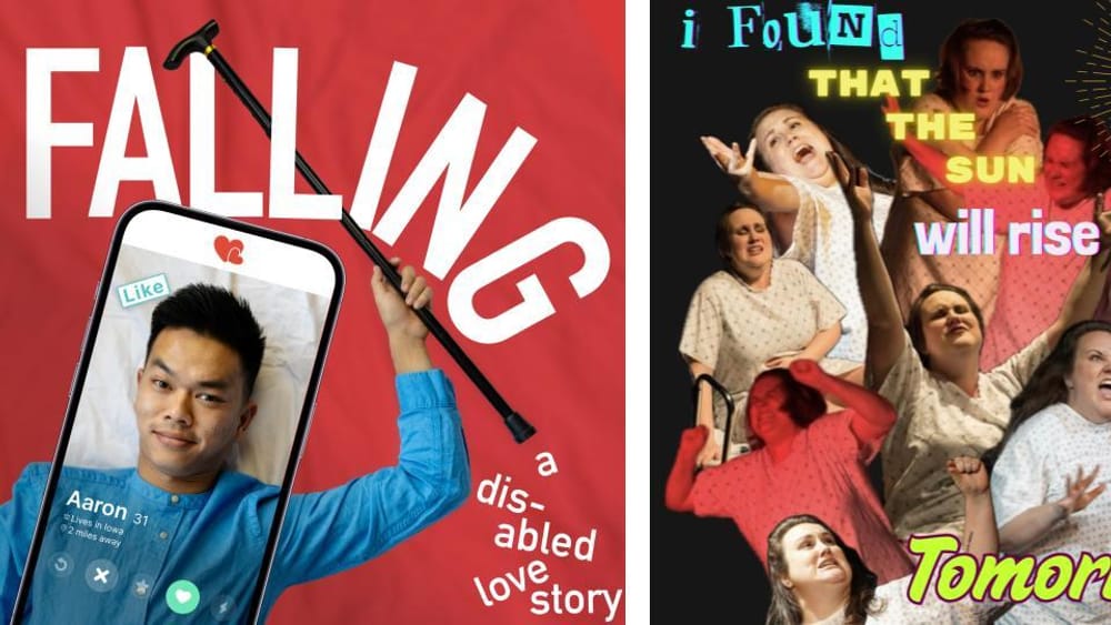 Logos for the shows Falling and I Found That The Sun Will Rise, featuring the disabled actors.