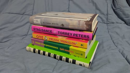 Stack of five colorful books written by the queer authors linked in the text above.