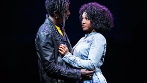 Saul Williams as John and Saycon Sengbloh as Corinne in "Holler If Ya Hear Me." (Photo by Joan Marcus, © Broadway.com)